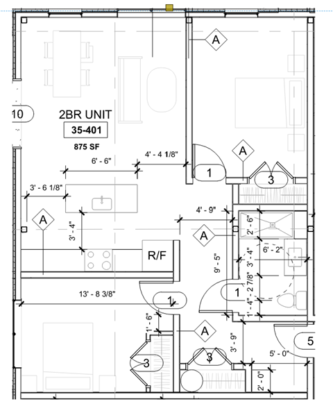 Floor plan for 2 beds, 1 bath, 801 sqft